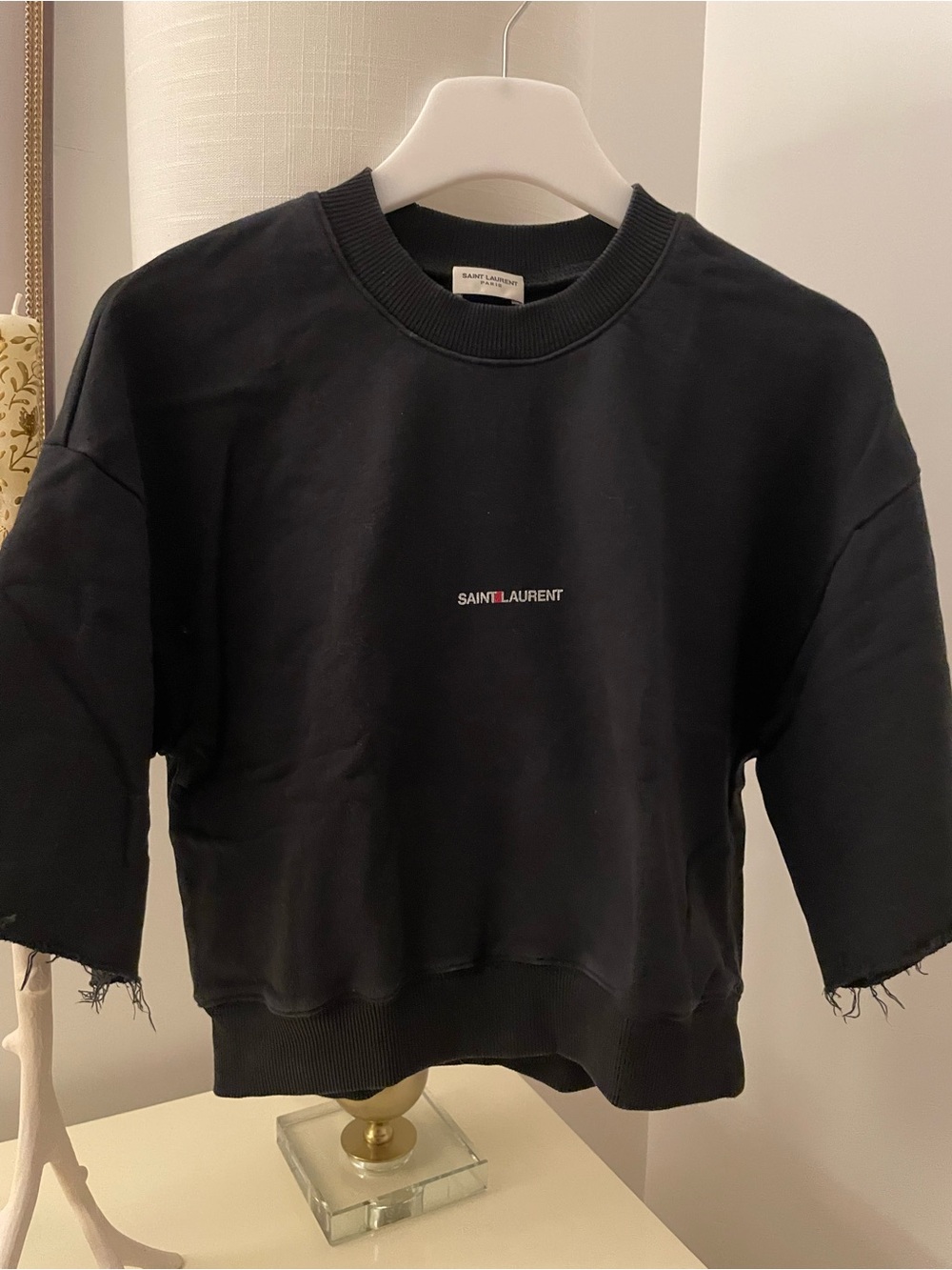 Saint Laurent Black Cropped Logo Sweatshirt with White & Red Accent